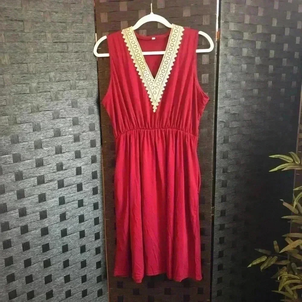 Red V-Neck Ruffled Dress